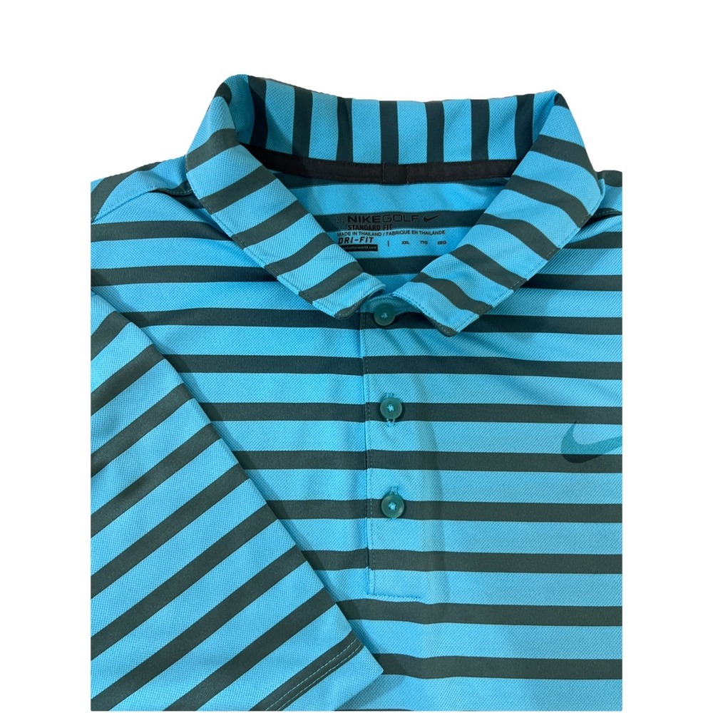 Nike Golf Polo Shirt Mens XXL Blue Gray Striped Short Sleeve Dri‎ Fit